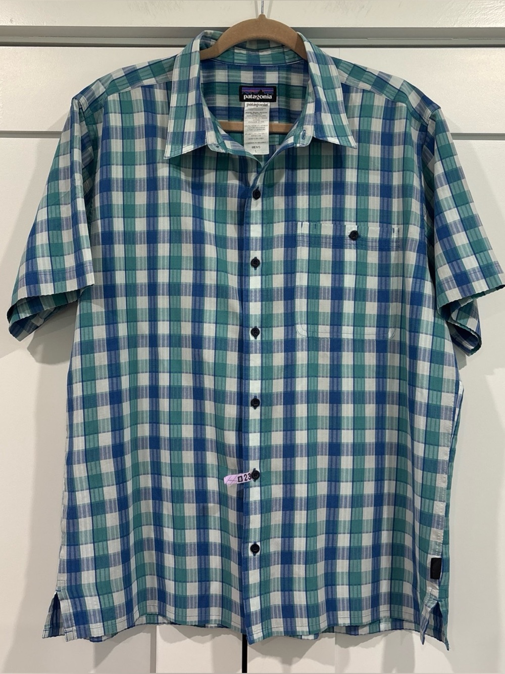 Mens Patagonia Short Sleeve Plaid Button Up Short Size Large Organic Cotton